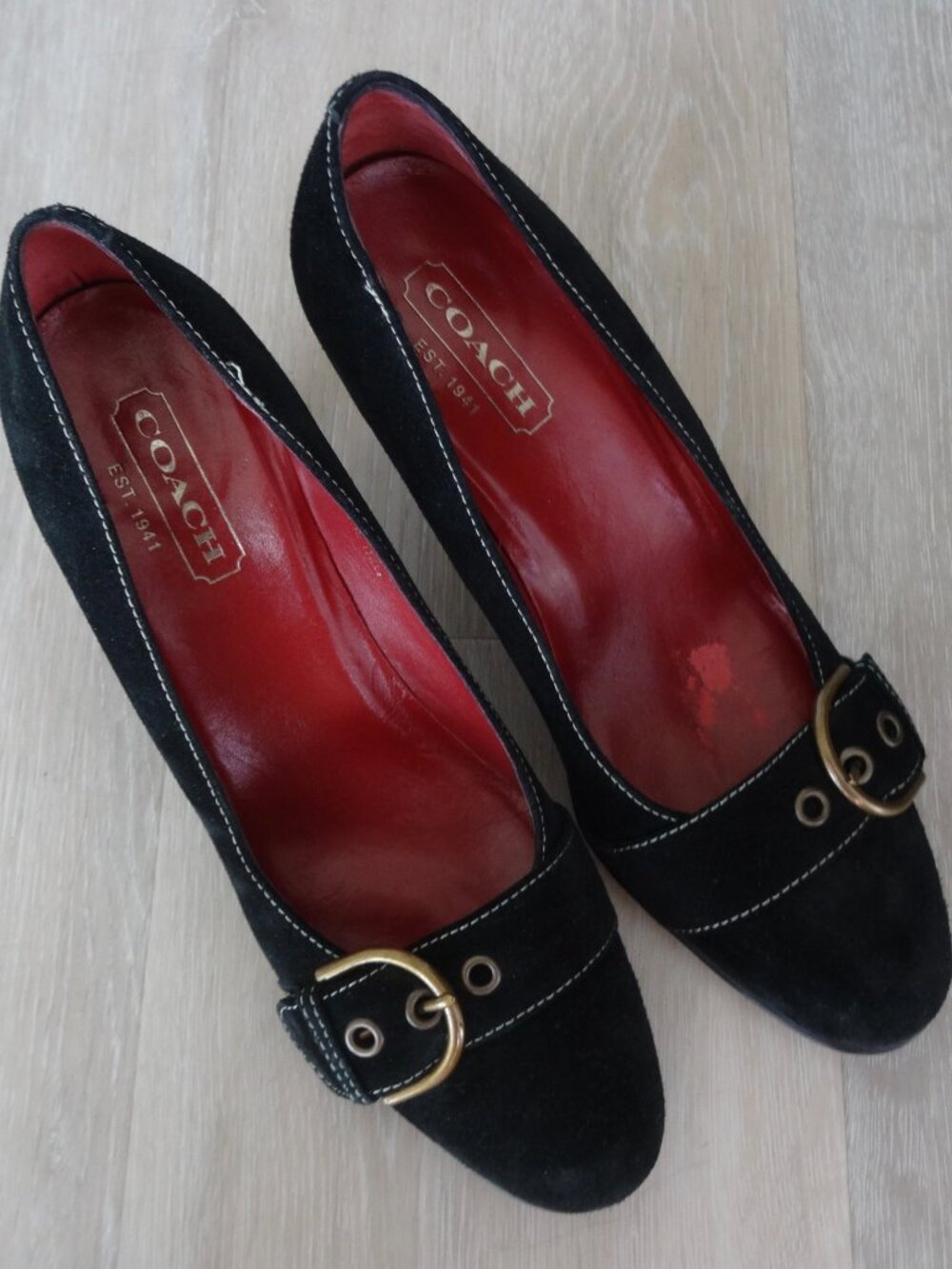 Y2K Coach Black Suede White Stitch Heels Gold Buckle and Red Lining Size 6.5